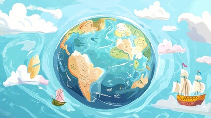 Naklejka premium Transparent Earth showing maritime routes flat design front view navigation theme cartoon drawing colored paste