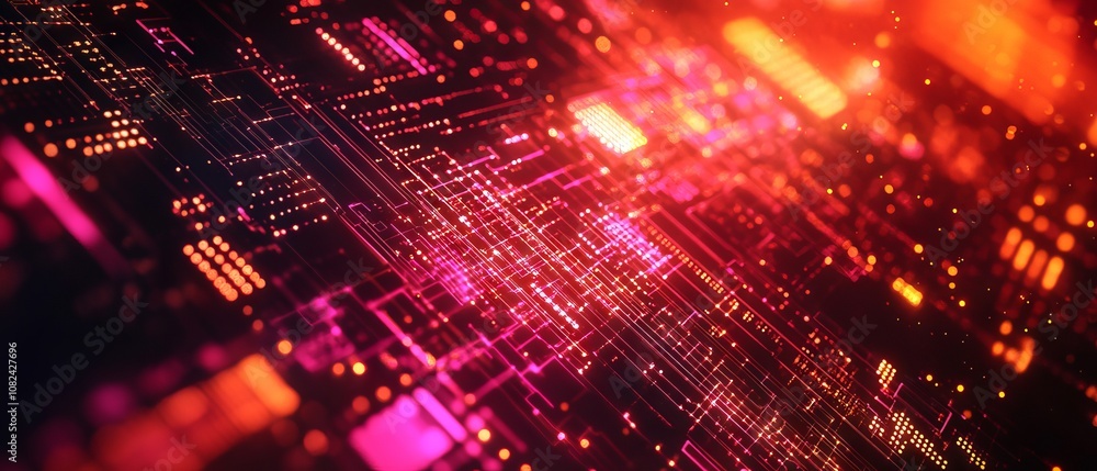 Poster vibrant abstract technology background featuring interconnected digital circuits, geometric patterns