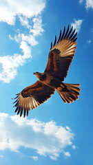 Fototapeta premium Eagle soaring through a bright blue sky, wings fully spread, with ample open sky for copy space.