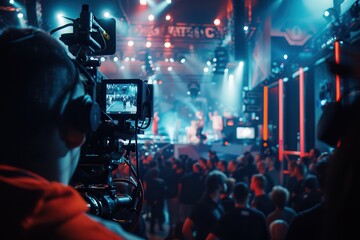 e sport EVENT live streamingA dynamic scene capturing a camera operator filming a vibrant live performance with colorful stage lights and an engaged audience.