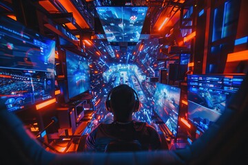 e sport EVENT live streamingA gamer immersed in a high-tech environment, surrounded by multiple screens displaying vibrant, digital graphics and immersive light effects.