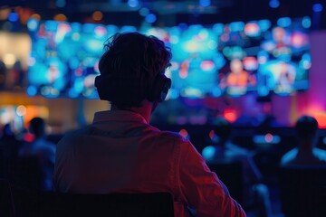 e sport EVENT live streamingA person wearing headphones, focused on a vibrant screen filled with colorful visuals, surrounded by an audience in a dimly lit environment.