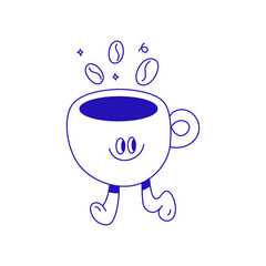 Vector logo design template and graphic elements for advertising, branding, posters and banners, funny cartoon illustrations with smiling character, coffee cup mascot, print and sticker