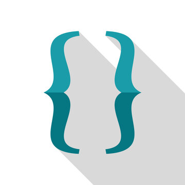 Teal curly brackets icon casting a long shadow, symbolizing programming, coding, and software development