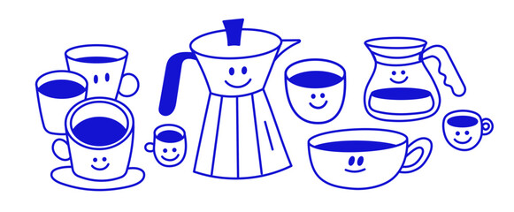 Vector logo design template and graphic elements for advertising, branding, posters and banners, funny cartoon illustrations with smiling character, coffee cup mascot, print and sticker