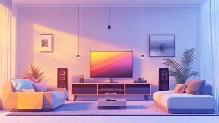 A modern living room with a couch, pillows, a TV, and a cabinet with speakers. The drawing uses a low-poly style and shows a cross-section of the room.