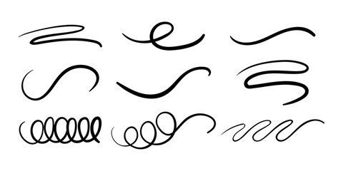 Vector hand drawn curly lines set on transparent background