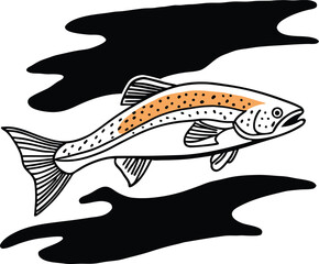 salmon fish vector design, labeled line and fill art silhouette illustration.