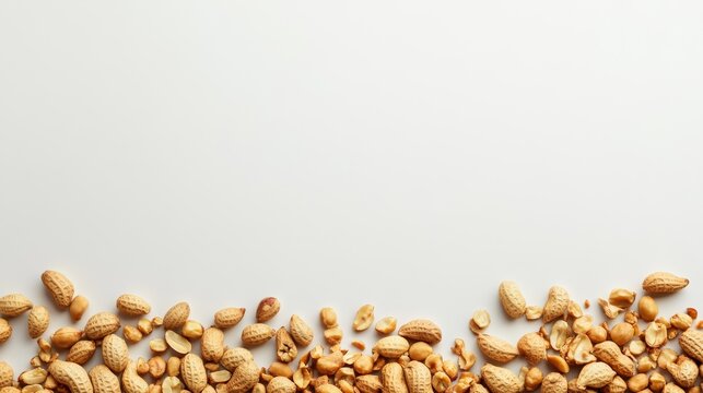 A pile of peanuts, with their shells removed, sits against a plain white backdrop.