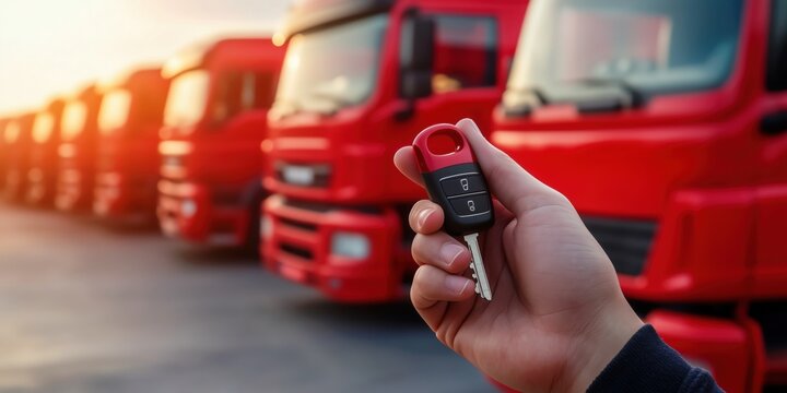 keys in hand in front of a row of trucks