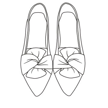 recommend clip art: Women's  Pointed Toe Ballet Flats with Bow Comfortable Knit Dressy Flats Shoes Line art, Technical sketch hand drawing outline vector doodle top view isolated on white background