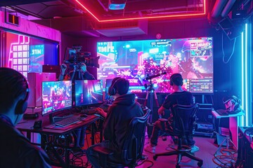 e sport EVENT live streamingA vibrant gaming setup featuring players engaged in a competitive environment, illuminated by colorful neon lights and multiple screens displaying gameplay.