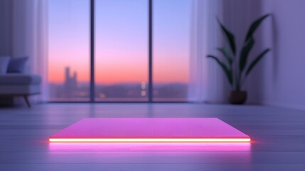 Fototapeta premium A pink and red object sits on a wooden floor in a room with a window