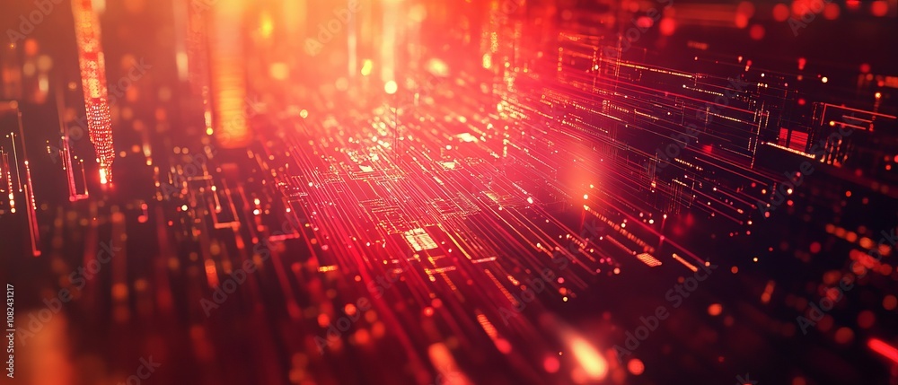 Poster vibrant abstract technology background featuring interconnected digital circuits, geometric patterns