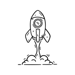 Minimalist black and white doodle of a rocket launching with smoke trails. Ideal for children's books, educational materials, or creative space themed designs in digital and print media