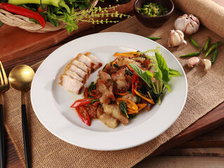 Stir-fried pork belly with basil food menu Asian food style