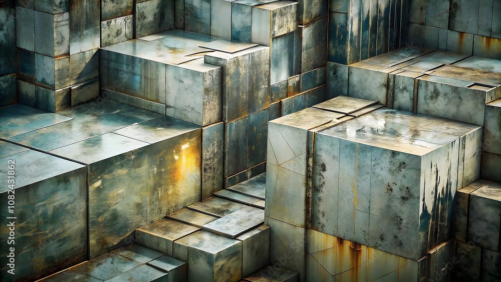 Aufkleber abstract metallic cubes stacked reflections surfaces textures light patterns shadows geometry