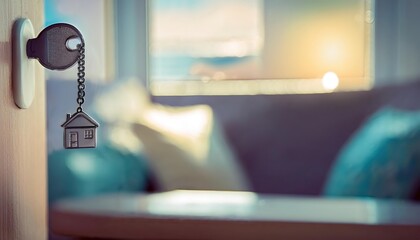 House-shaped keychain hanging from a key in a door with blurred background of a cozy room