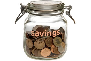 A glass jar filled with coins labeled "savings," representing personal finance and saving money.