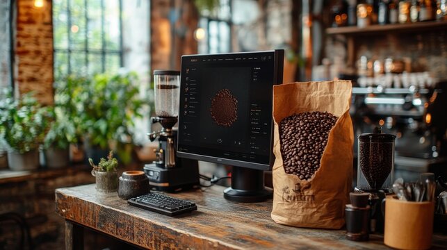 Coffee Roastery Workspace with Monitor and Coffee Beans. Generative AI