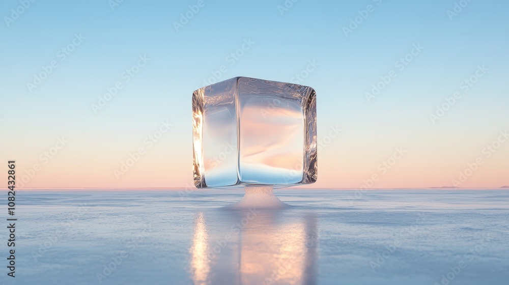 Poster a cube of ice is floating on a lake