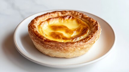 A single Pastel de nata, a Portuguese custard tart, sits on a white plate. This small pie has a flaky, crispy crust and a creamy custard filling.