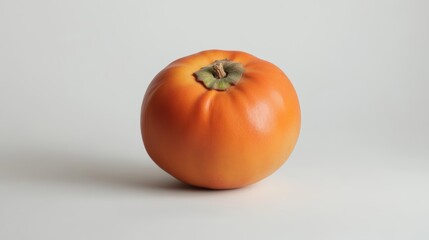 A single persimmon fruit, with its vibrant orange color, is shown against a plain white backdrop.