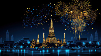 Naklejka premium vibrant illustration of Thai temple illuminated by fireworks, showcasing festive atmosphere. scene captures beauty of traditional architecture against night sky