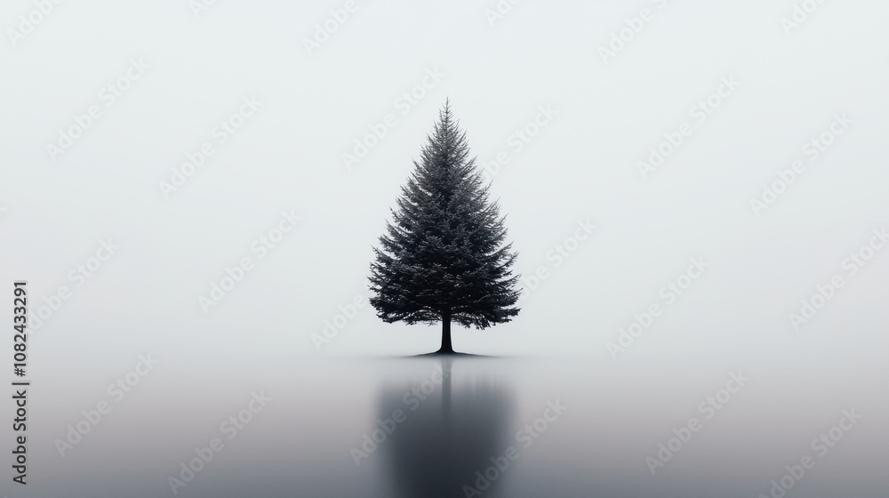 Poster a tree is standing in a lake with a foggy sky in the background