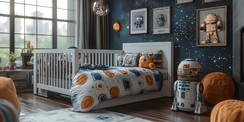 A modern nursery with a white crib, space-themed bedding, and a robot toy.