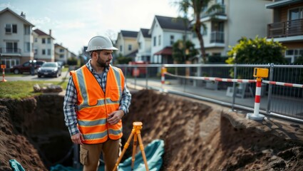 Construction worker on site. A construction worker wearing a safety vest and helmet stands near a large excavation site in a residential neighborhood.