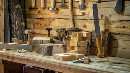 A serene woodworking bench with hand tools and wood blocks, featuring a peaceful corner with a woodworking bench, hand tools