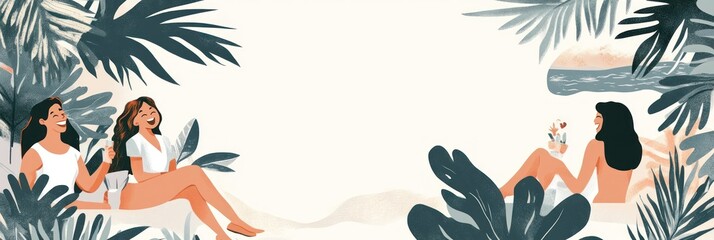 Three women enjoying a relaxed beach atmosphere surrounded by tropical plants.