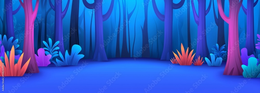Wall mural cartoon illustration of a magical woodland pathway at night. dark blue nature fairytale panorama vie