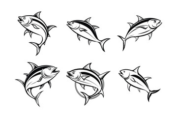 tuna fish vector design, labeled line art and linocut silhouette illustration.