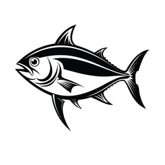 tuna fish vector design, labeled line art and linocut silhouette illustration.