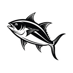 tuna fish vector design, labeled line art and linocut silhouette illustration.