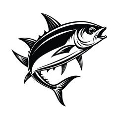 tuna fish vector design, labeled line art and linocut silhouette illustration.