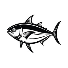 tuna fish vector design, labeled line art and linocut silhouette illustration.