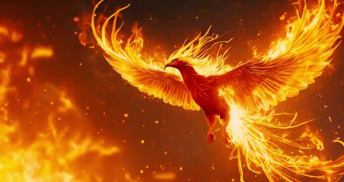 A majestic fire phoenix soaring through the sky, its wings ablaze with vibrant flames of red, orange, and yellow. The fiery bird exudes power and grace as it leaves a trail of glowing embers