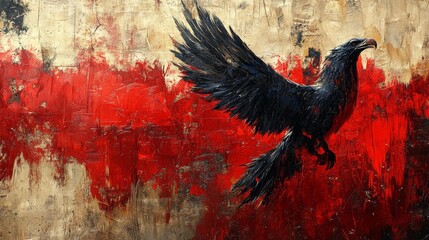 Fototapeta premium Bold Black Eagle on Albanian Flag Background. Generative AI