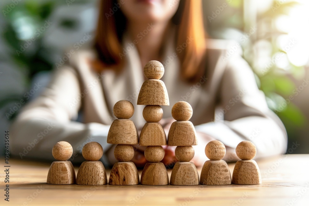 Poster wooden figures representing leadership and teamwork concepts in a modern office setting with a blurr