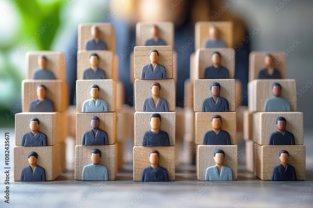 Poster diverse representation of people in wooden blocks arrangement for business concepts and team collabo