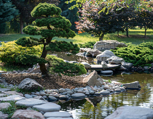 Tranquil Japanese Garden with Bonsai Tree and Pond.