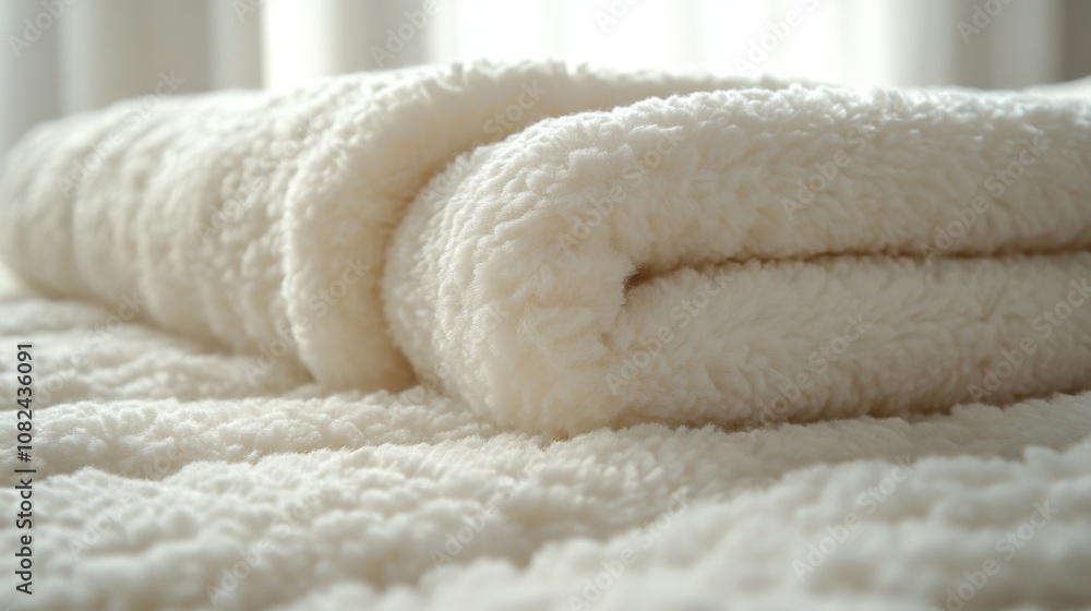 Poster a soft white blanket is elegantly folded and resting on a textured surface. the bright room is illum