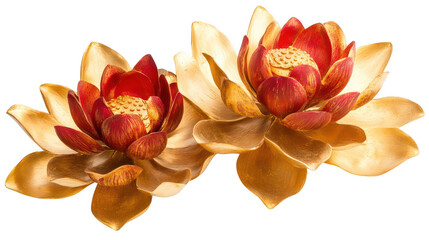 Golden Lotus Flowers with Red Accents for Chinese New Year Festival, Isolated on White, PNG File, Transparent Background