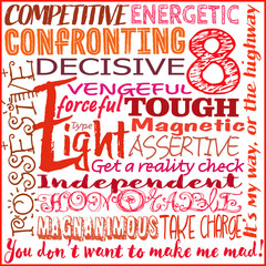 Enneagram Type 8 graphic with type descriptions. Square and in color