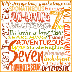 Enneagram 7, the enthusiast, square, color, fun graphic with type descriptions