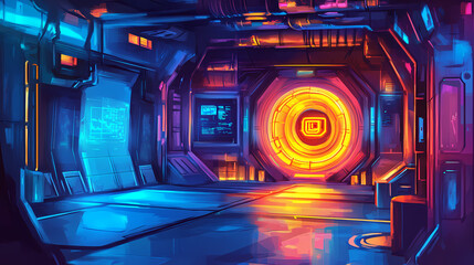 Futuristic neon cyber tunnel at dusk. Futurity. Illustration