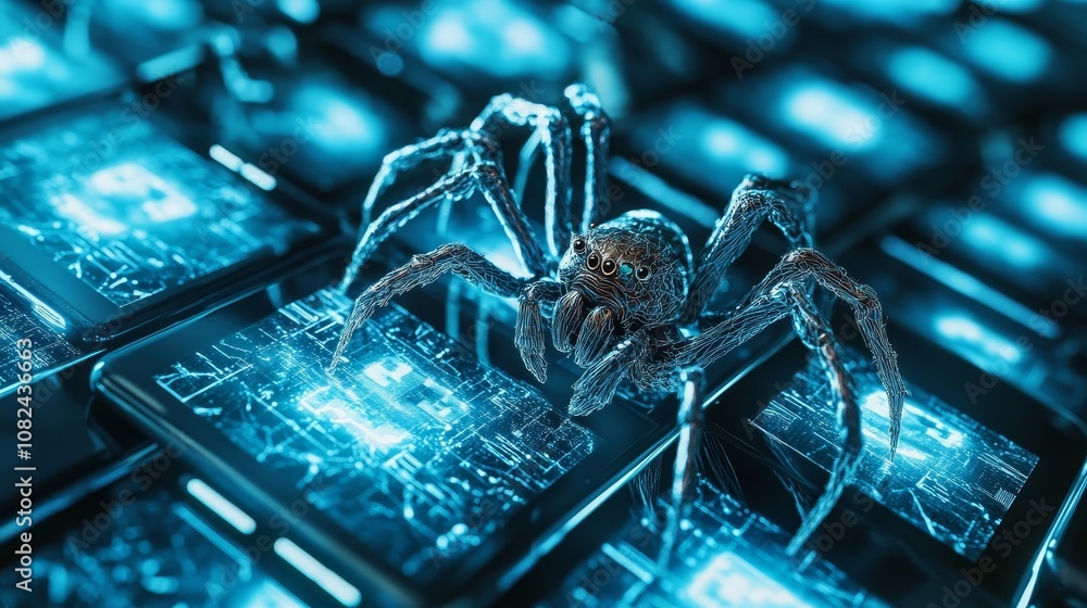 Poster metallic spider crawling on electronic devices representing malware infecting computer systems and s